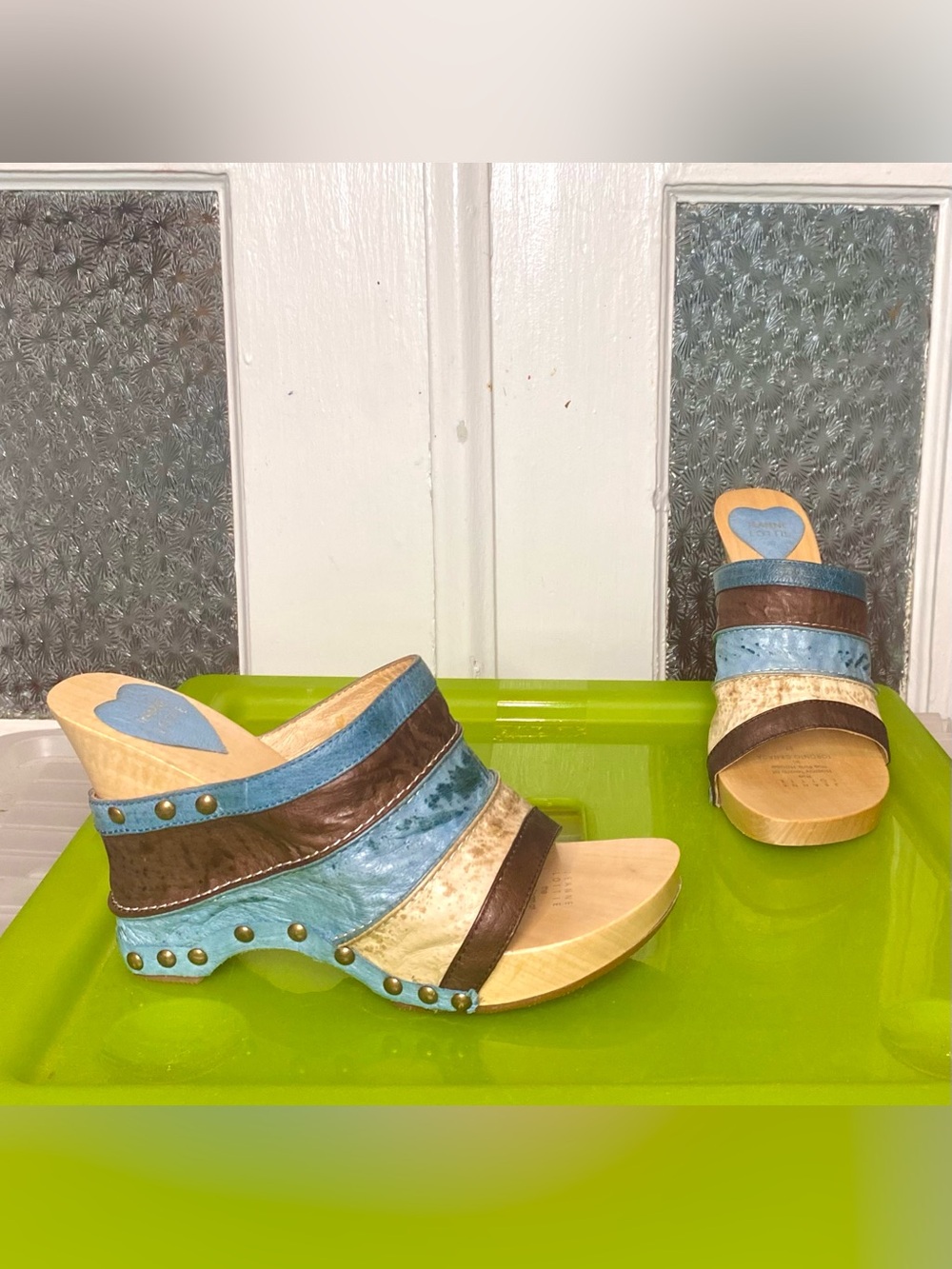 Patchwork Leather studded wood clog Wedge Sandals